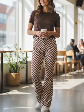 Hollister Brown Checkered Flare Leggings S Y2K 70s